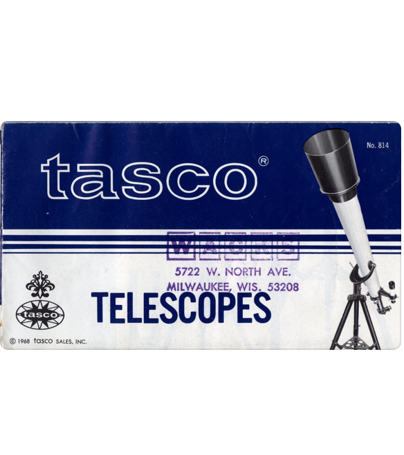 A blue and white card with a telescope
Description automatically generated